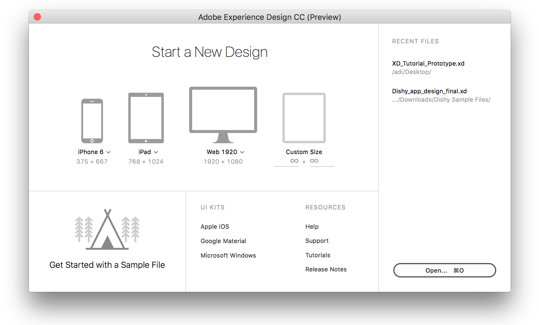 XD's start-up window