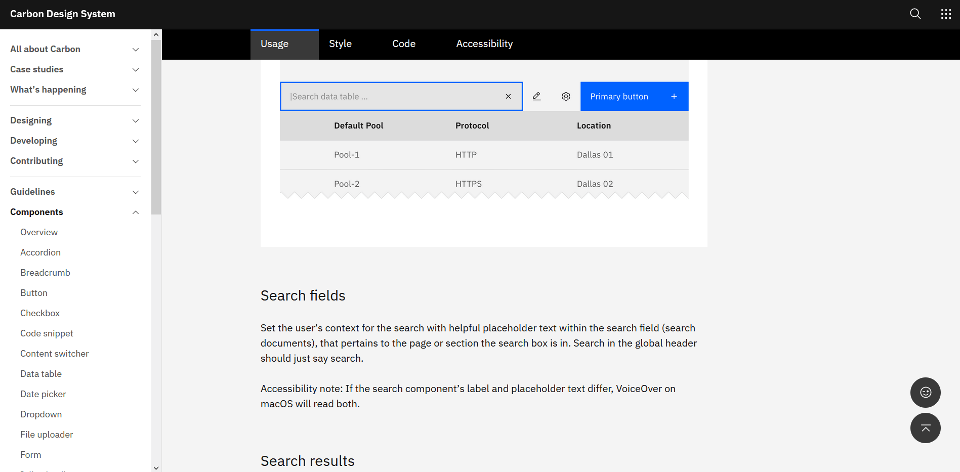 IBM Carbon Design System search bar
